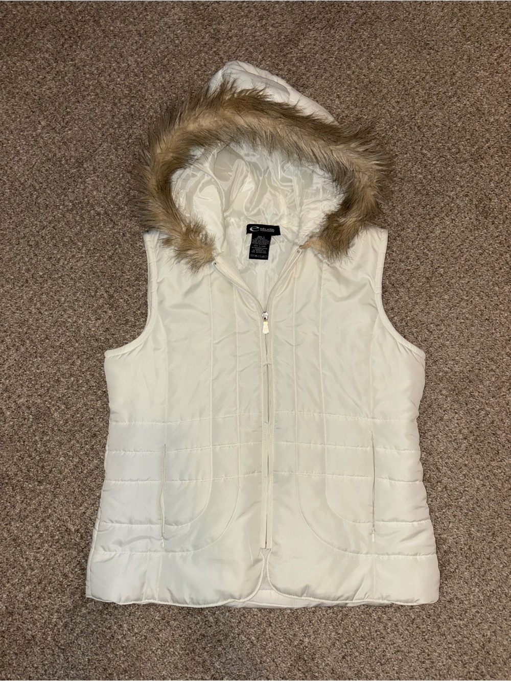 E Studio White Quilted Hooded Puffer Vest with Faux Fur Trim